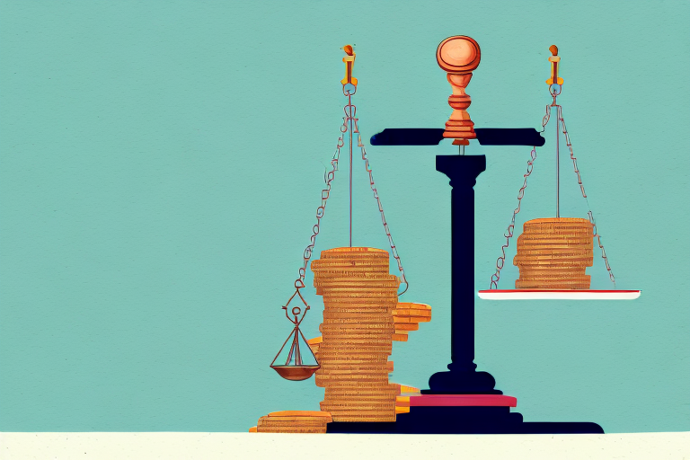 A balance scale with stacks of coins on one side and a gavel on the other