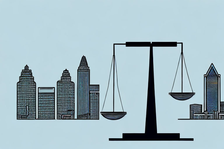 The atlanta skyline with a balance scale symbolizing justice in the foreground