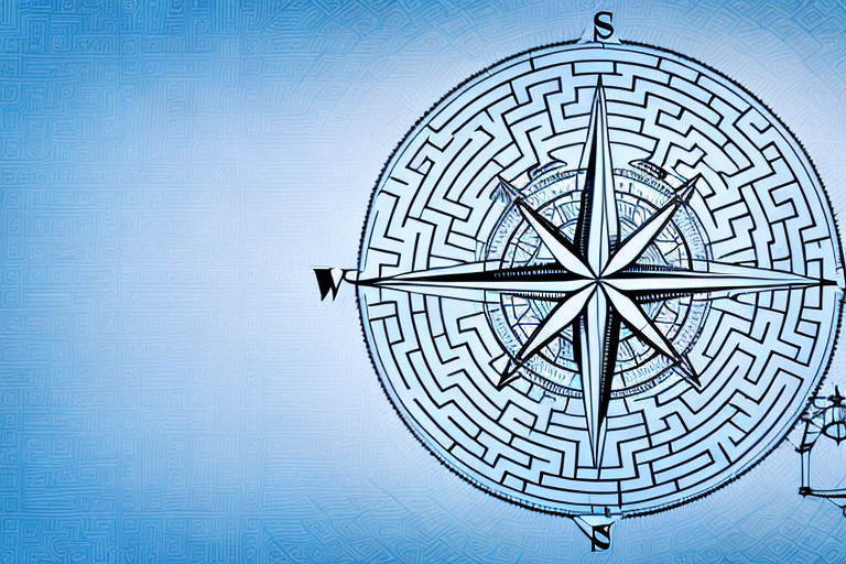 A compass navigating through a maze made of legal documents and insurance policy papers