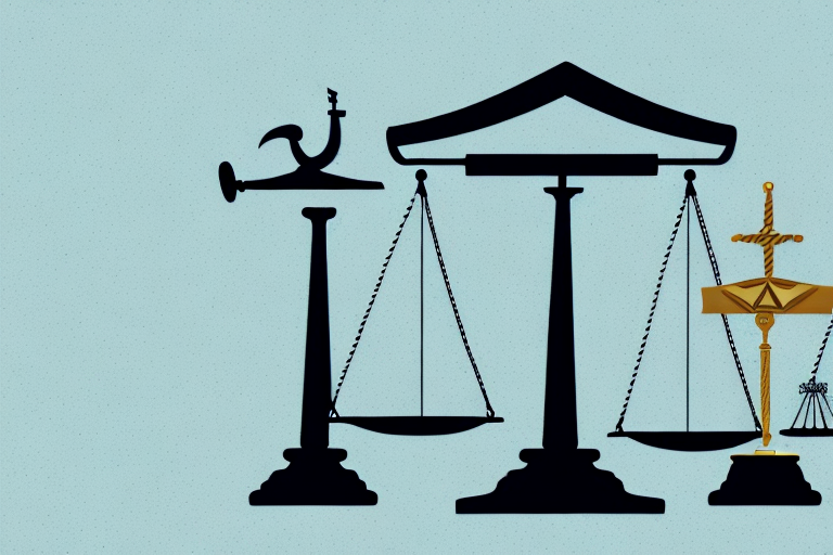 A balanced scale with a military badge on one side and a gavel on the other