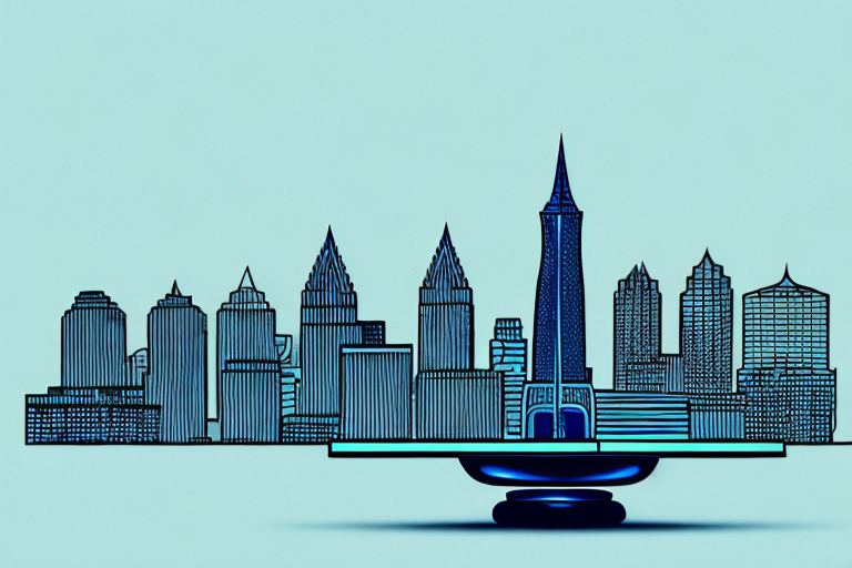 A balanced scale with a wheelchair on one side and the iconic tulsa skyline on the other