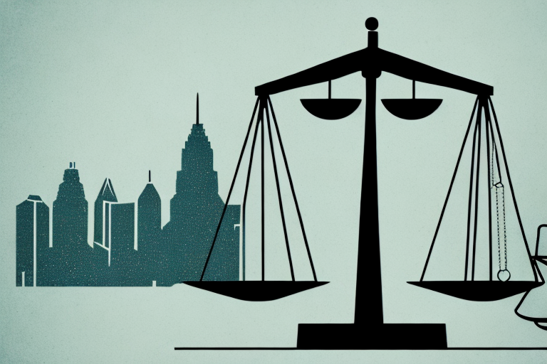 A balanced scale of justice on a background of the austin city skyline