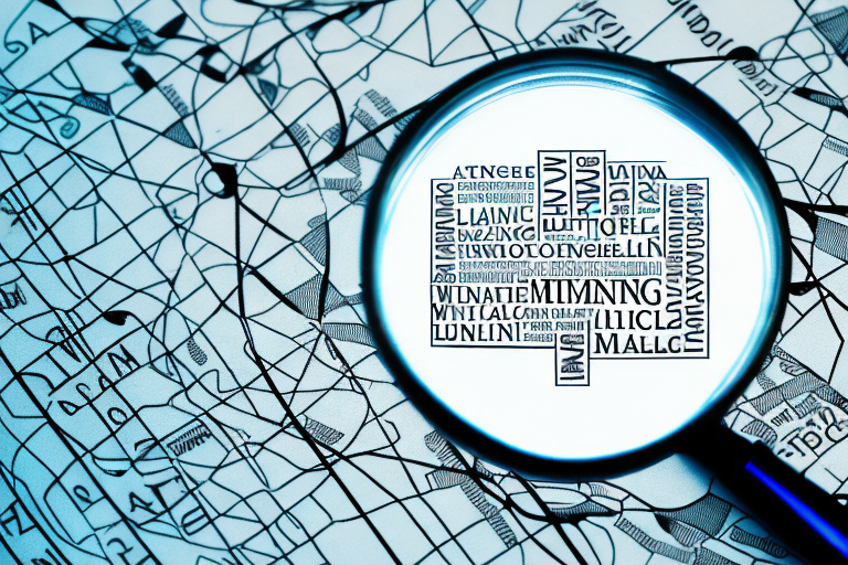 A magnifying glass hovering over a map marked with various symbols representing law firms