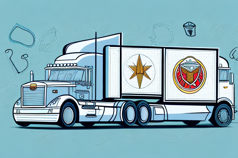 A semi-truck with visible signs of an accident next to a set of scales representing justice