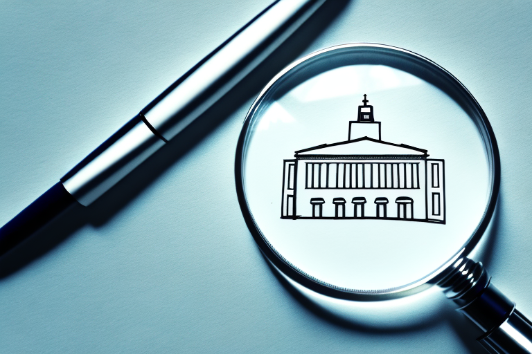 A magnifying glass over a landscape featuring a courthouse