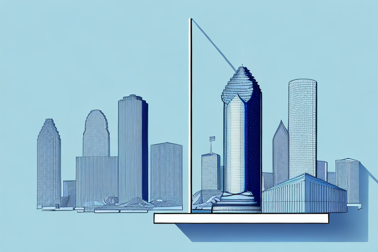 A balanced scale with a will on one side and a cityscape of houston on the other