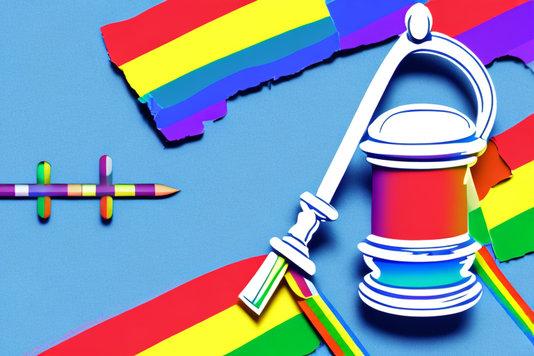 A rainbow-colored gavel resting on a blueprint of a house