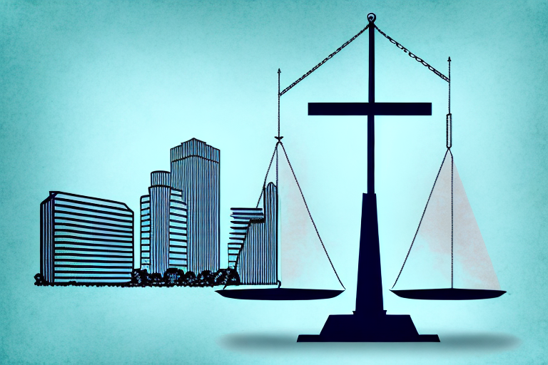 The tallahassee city skyline with a symbolic balance scale (representing law) integrated into the scene