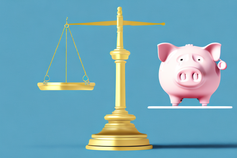 A balance scale where one side holds a gavel symbolizing law and the other side holds a piggy bank