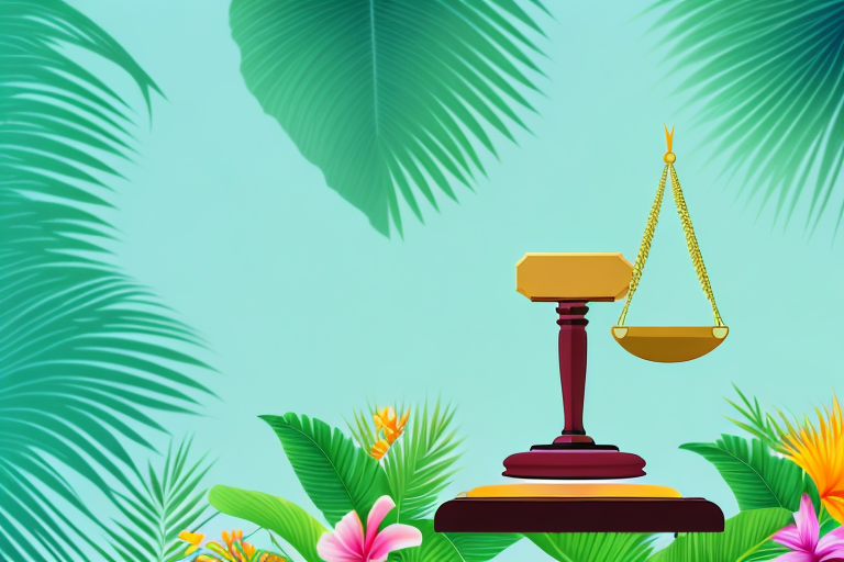 The hawaiian islands with a balanced scale and a gavel