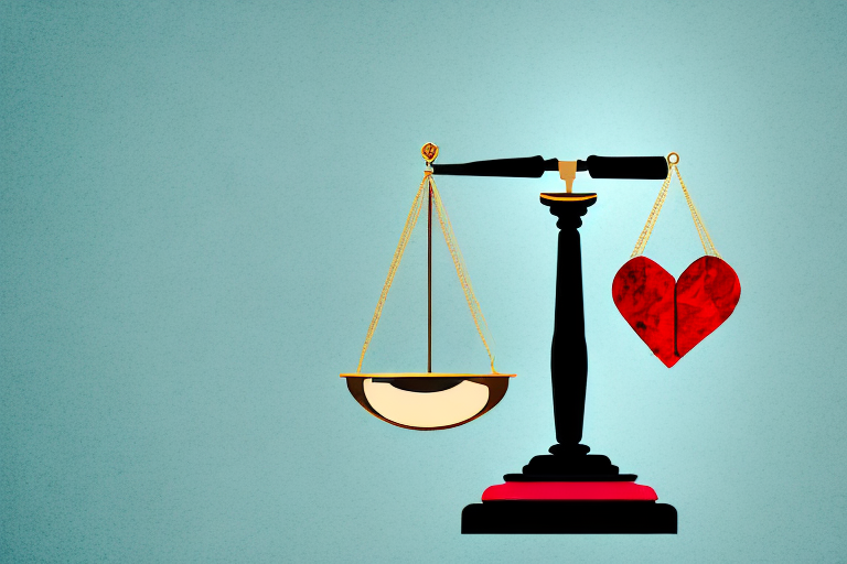 A balanced scale with a gavel on one side and a broken heart on the other