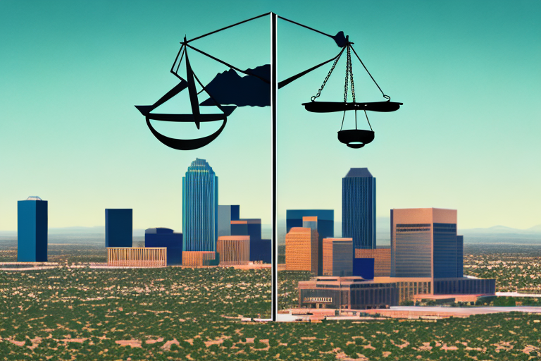 The el paso skyline with a balance scale symbolizing justice in the foreground