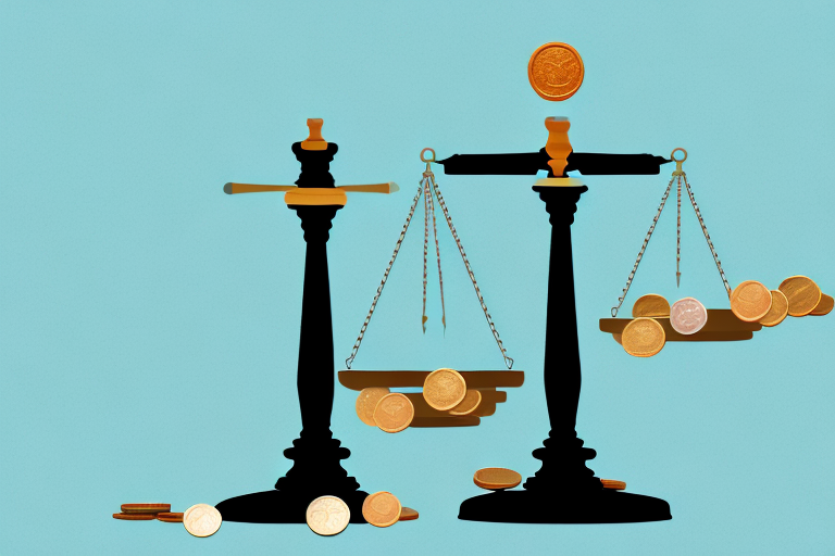 A balance scale with coins on one side and a gavel on the other