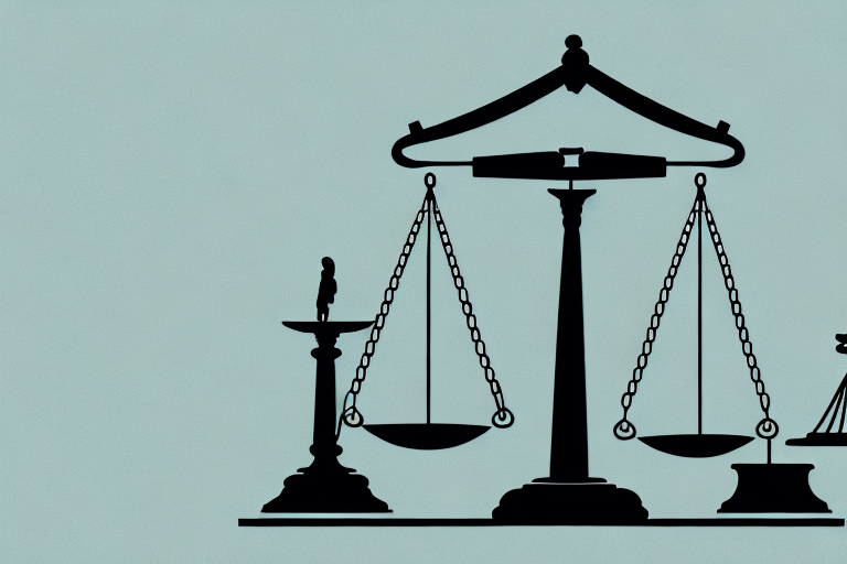 A balanced scale with a gavel on one side and a symbolic representation of justice (like a blindfolded lady justice statue) on the other