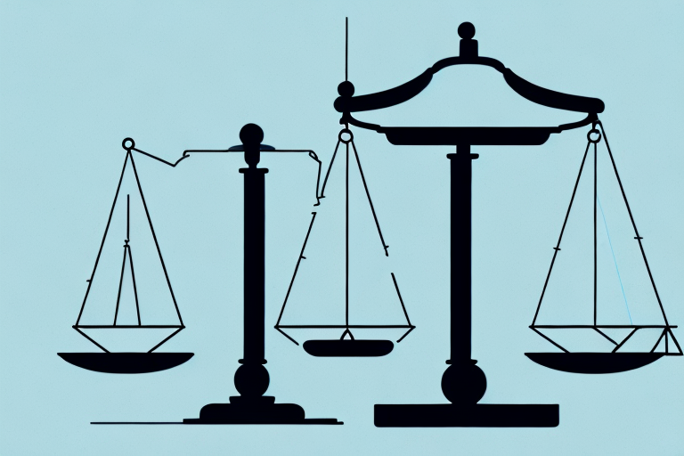 A balance scale where one side is weighted down by a briefcase symbolizing law and the other side holds a symbol of a workplace