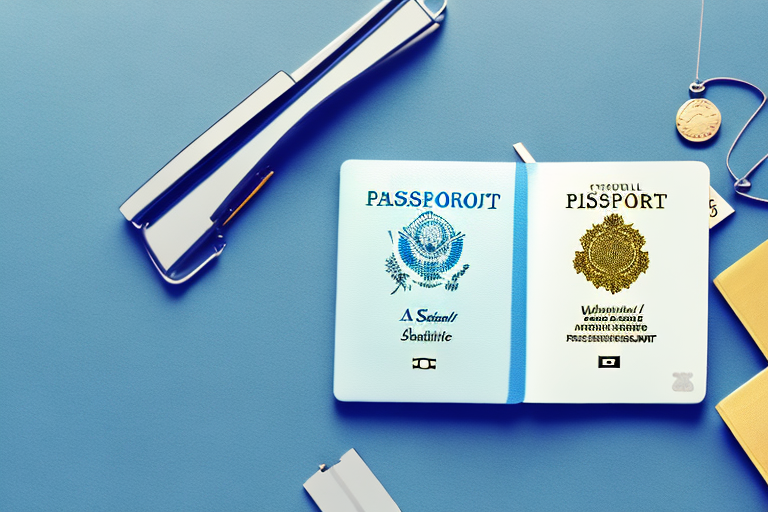 A symbolic balance scale with a passport on one side and the wichita city skyline on the other