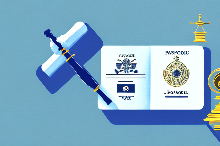 A symbolic balance scale with a passport and a gavel on each side