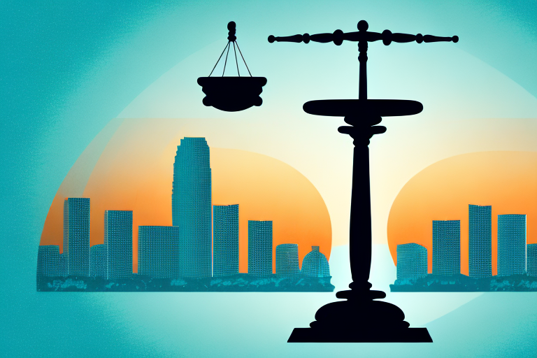 A balanced scale with a gavel on one side and a silhouette of miami's skyline on the other