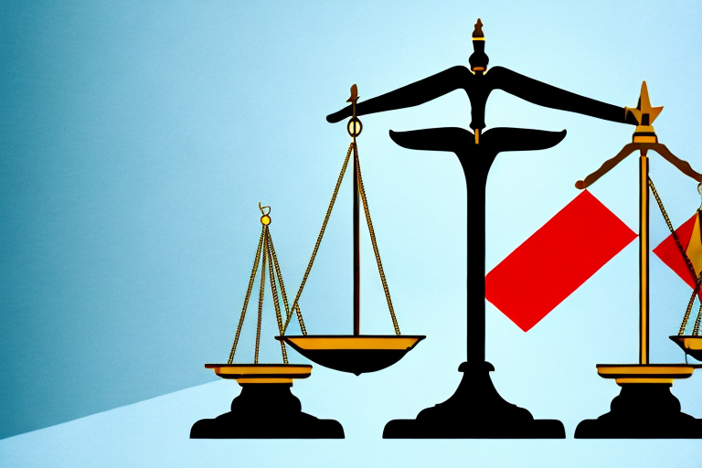 A balanced scale of justice on a table with a philippine flag on one side and a legal document on the other side