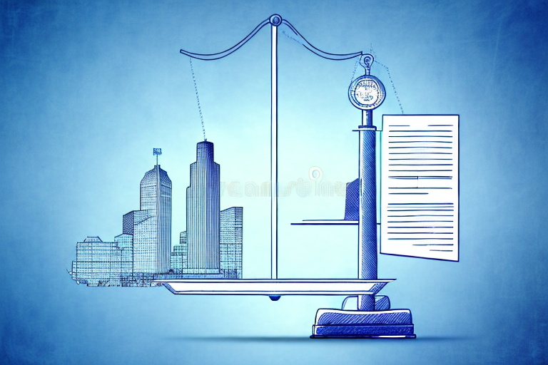 A symbolic balance scale with a patent document on one side and the houston skyline on the other