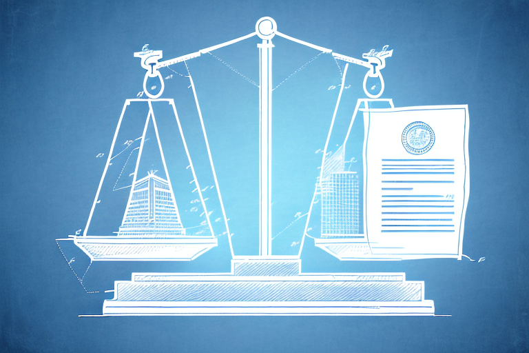 A symbolic balance scale with a patent document on one side and a simplified san diego city skyline on the other side