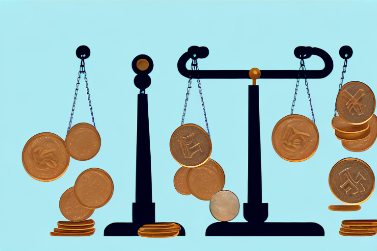 A balance scale with a trademark symbol on one side and a pile of coins on the other