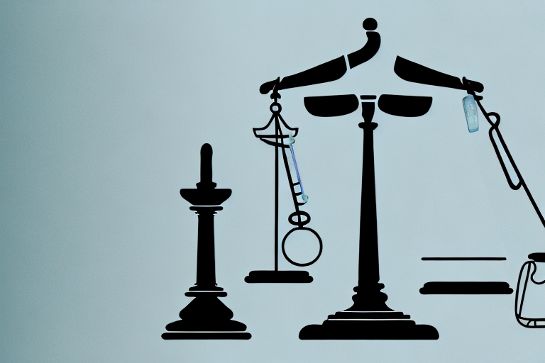 A balanced scale with a gavel on one side and a medical symbol (like a caduceus or rod of asclepius) on the other