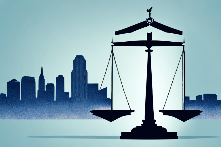 A symbolic balance scale with a gavel on one side and the kansas city skyline on the other