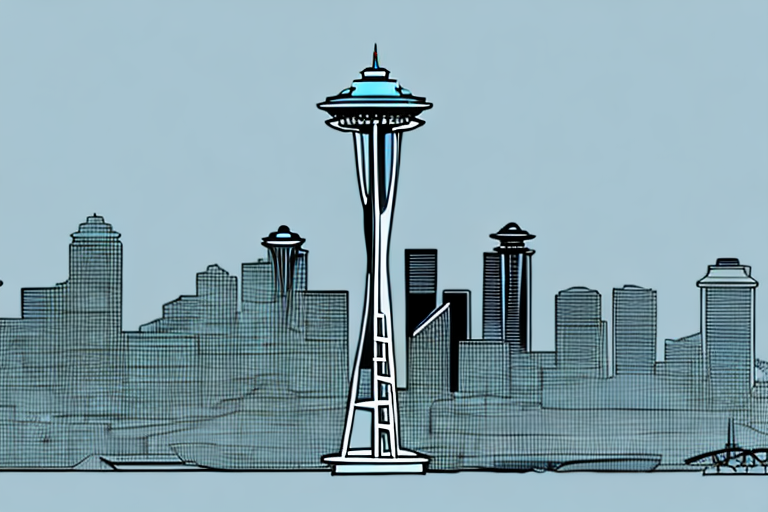 The seattle skyline with a symbolic scale of justice in the foreground