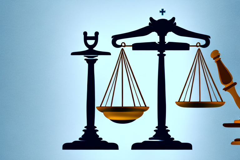 A balanced scale with a medical symbol on one side and a gavel on the other