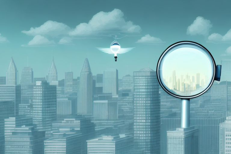 A magnifying glass hovering over a cityscape