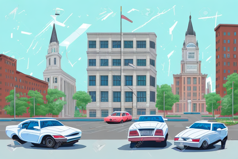 A city street with damaged cars and a courthouse in the background