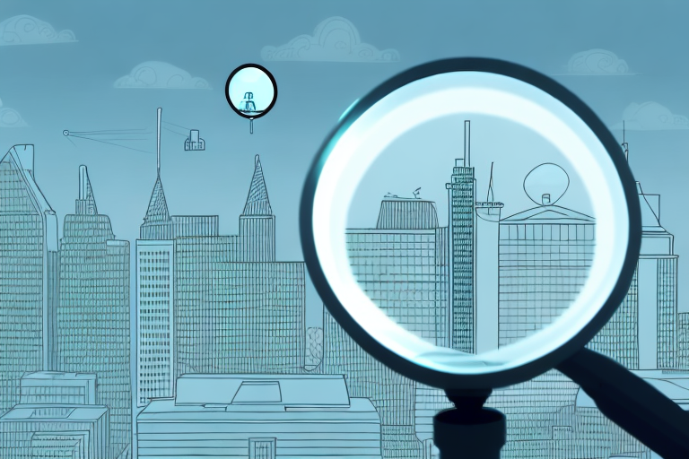 A magnifying glass hovering over a cityscape