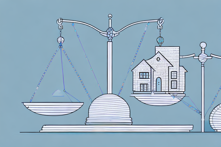 A balanced scale with different types of properties (like a house