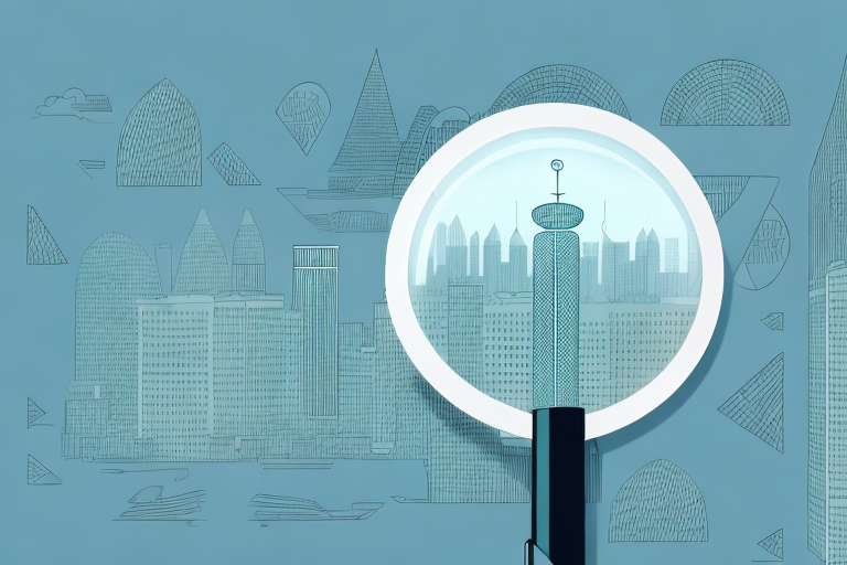 A magnifying glass hovering over a cityscape