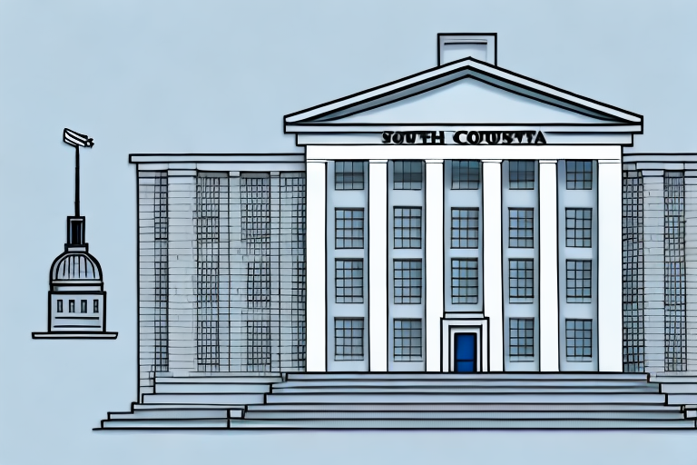 A classic south carolina courthouse surrounded by iconic real estate symbols like a gavel