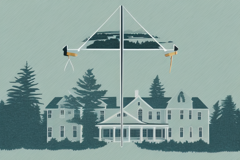 A traditional maine landscape with a symbolic balance scale representing justice