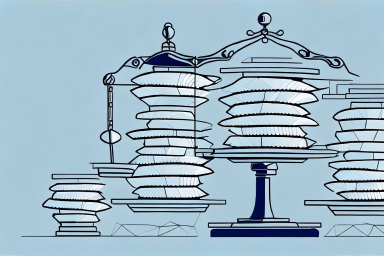 A pair of scales balancing a bundle of securities and a collection of commodities