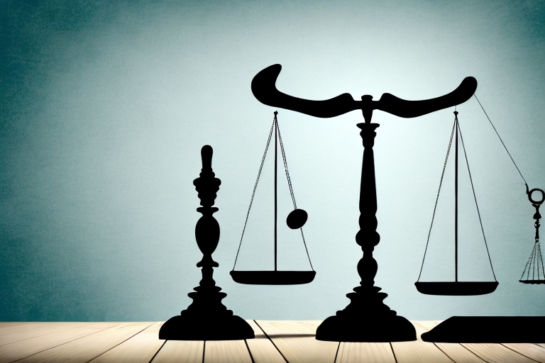 A balanced scale with a feather on one side representing reputation and a gavel on the other side representing a slander lawyer