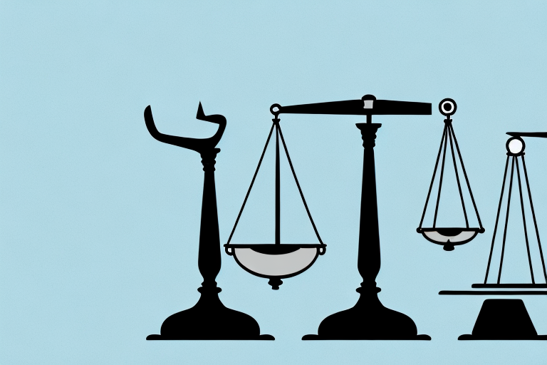 A balanced scale with a microphone on one side and a gavel on the other