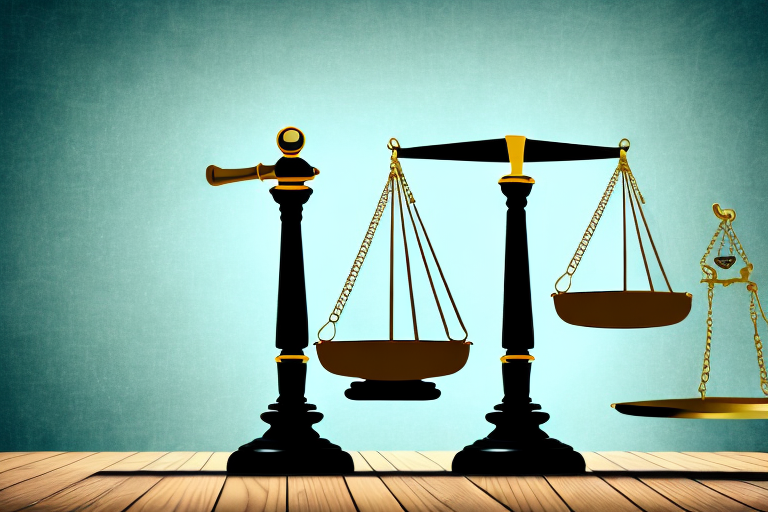 A balance scale where one side is weighted with a gavel and the other side with a caution sign