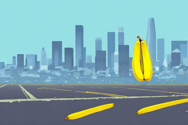 A banana peel on a city sidewalk with the los angeles skyline in the background