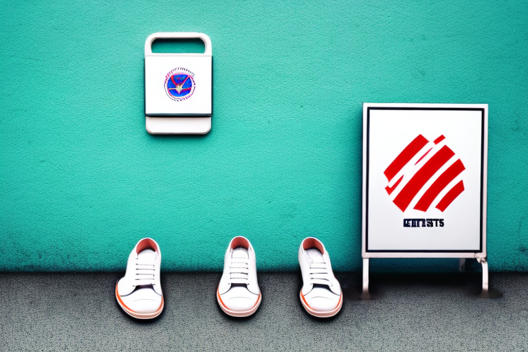 A pair of empty shoes next to a wet floor sign