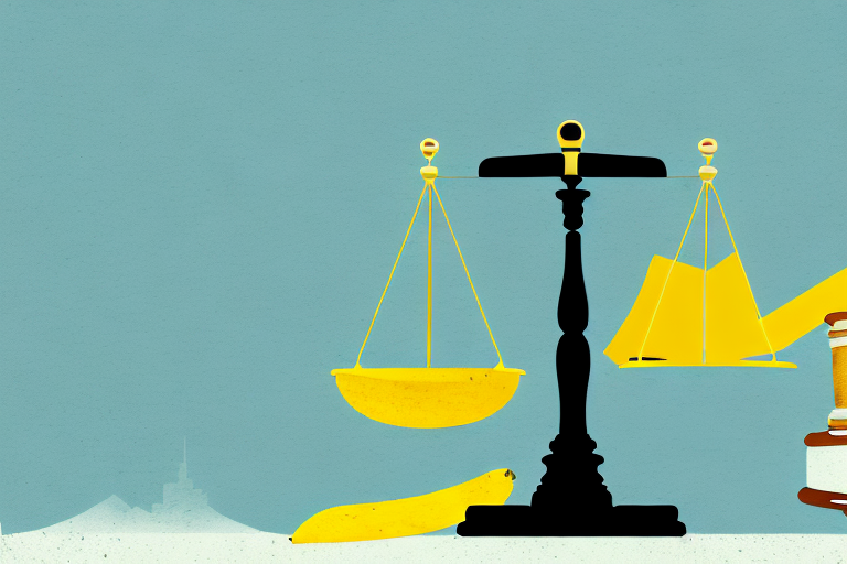 A balance scale where one side is weighted down with a legal gavel and the other side is elevated with a banana peel