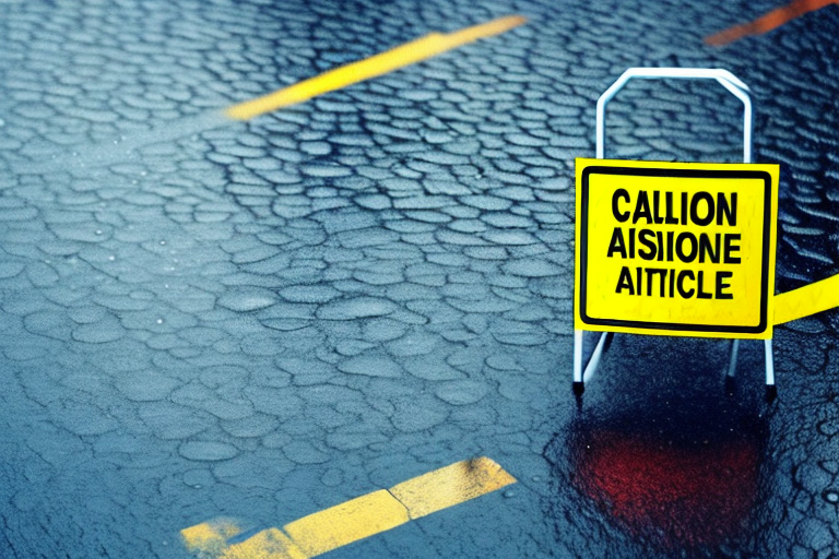 A new york cityscape with a caution sign on a wet pavement