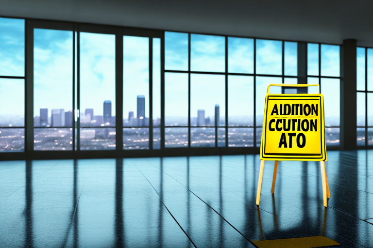 A caution sign on a wet floor inside a courtroom