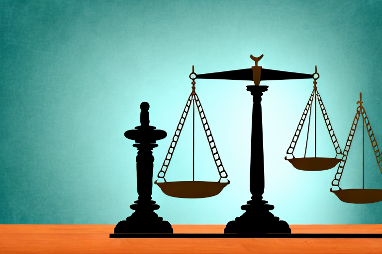 A balance scale on a desk with a gavel beside it