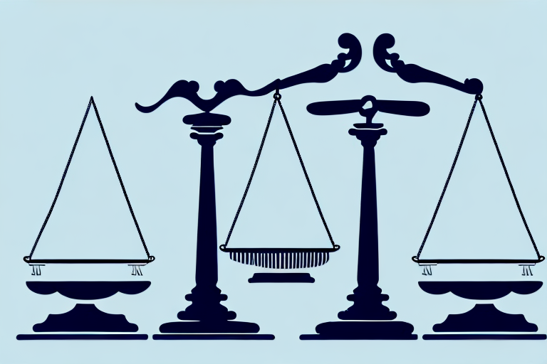 A balanced scale with a stack of tax forms on one side and a gavel on the other