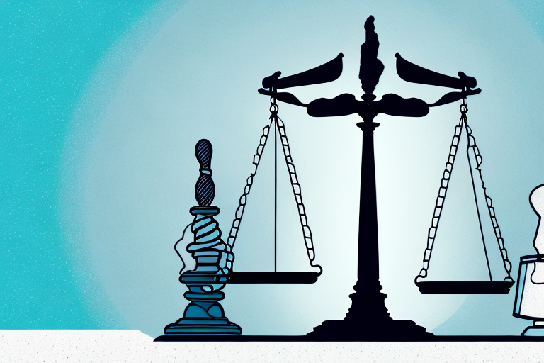 A balanced scale with tax forms on one side and a gavel on the other