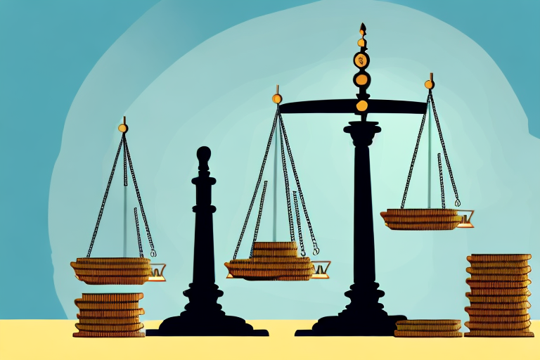 A balance scale with stacks of coins on one side and a courthouse symbolizing law on the other